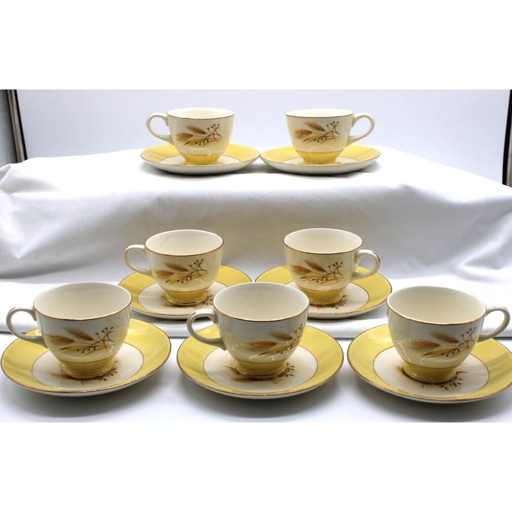 SEVEN Wheat Pattern Century Service Autumn Gold‎ Tea Cup Saucer Sets 7 Excellent